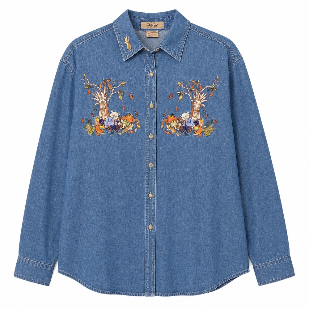 Take Two Denim Shirt Womens L Blue Excellent Autumn Harvest Teddy Bear Embroider